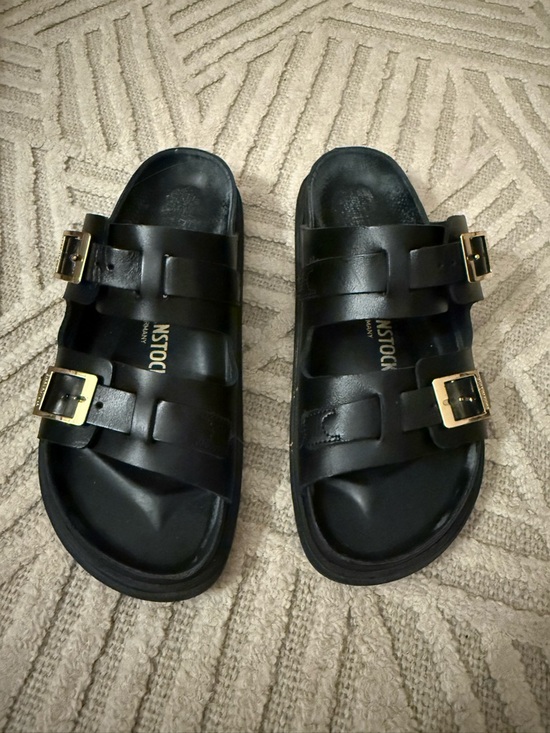 Birkenstock Shoes - Birkenstock St. Barths Leather Black Double Strap Sandals with Gold Buckles